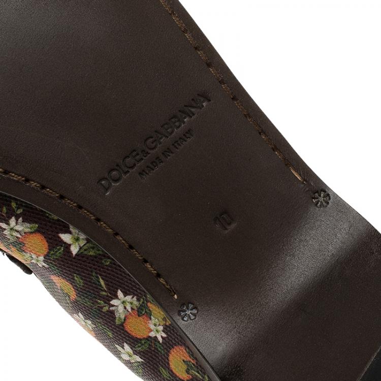 مملوكة مسبقًا Dolce and Gabbana Brown Leather and Orange Print Canvas Amalfi Slip On Size 44 