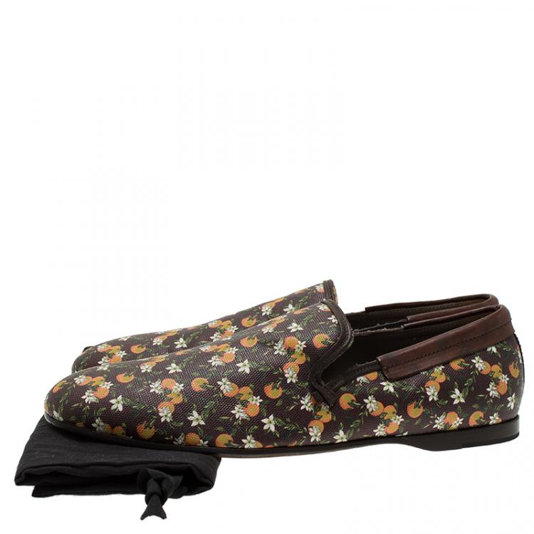 مملوكة مسبقًا Dolce and Gabbana Brown Leather and Orange Print Canvas Amalfi Slip On Size 44 