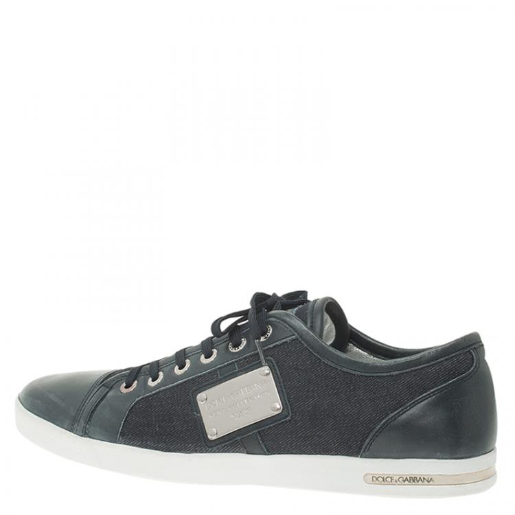 Pre Owned Dolce and Gabbana Blue Leather and Denim Logo Plaque Sneakers Size 45