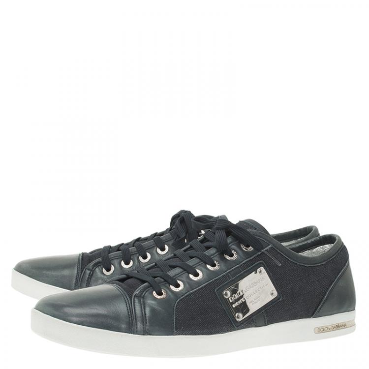 Pre Owned Dolce and Gabbana Blue Leather and Denim Logo Plaque Sneakers Size 45