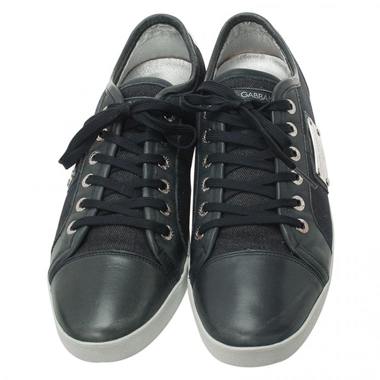 Pre Owned Dolce and Gabbana Blue Leather and Denim Logo Plaque Sneakers Size 45