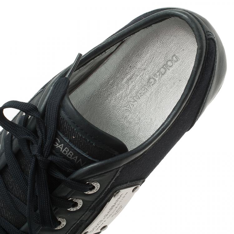 Pre Owned Dolce and Gabbana Blue Leather and Denim Logo Plaque Sneakers Size 45