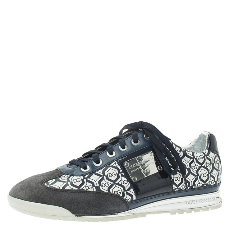 Pre Owned Dolce and Gabbana Navy Blue Suede and Leather Logo Printed Sneakers Size 44