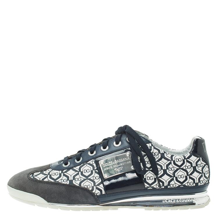 Pre Owned Dolce and Gabbana Navy Blue Suede and Leather Logo Printed Sneakers Size 44