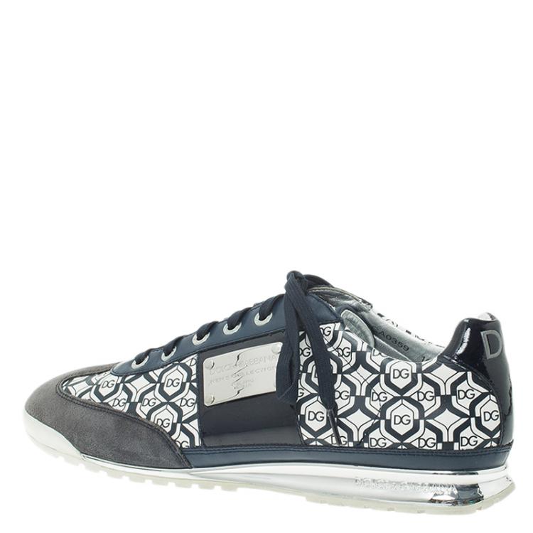 Pre Owned Dolce and Gabbana Navy Blue Suede and Leather Logo Printed Sneakers Size 44