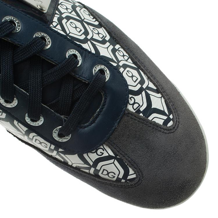 Pre Owned Dolce and Gabbana Navy Blue Suede and Leather Logo Printed Sneakers Size 44