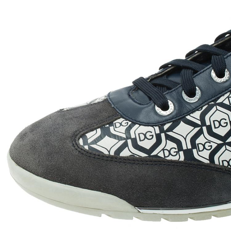 Pre Owned Dolce and Gabbana Navy Blue Suede and Leather Logo Printed Sneakers Size 44