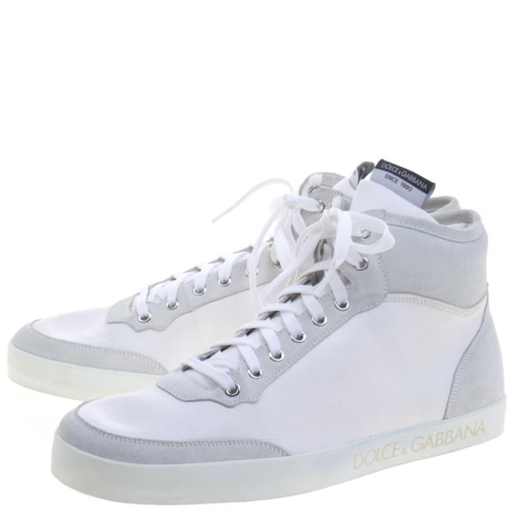 Pre Owned Dolce and Gabbana White/Grey Leather and Suede High Top Sneakers Size 44