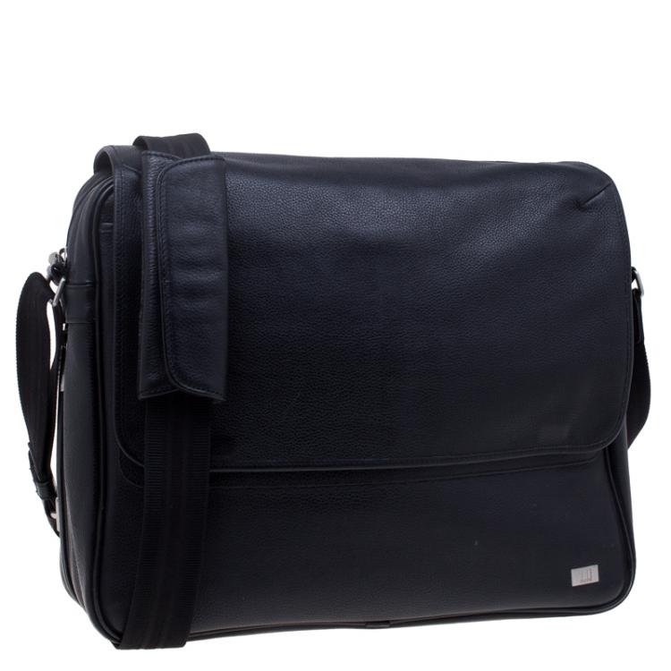 Pre Owned Dunhill Black Pebbled Leather Flap Messenger Bag