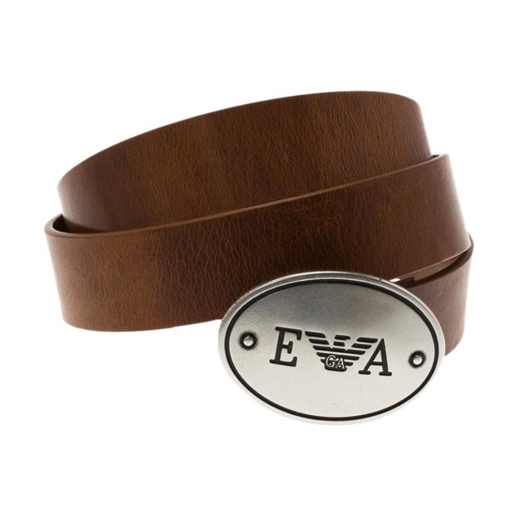 Pre Owned Emporio Armani Brown Leather Logo Plaque Belt 105CM