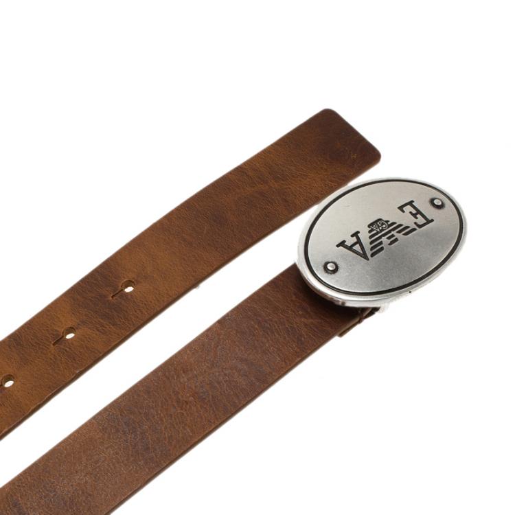 Pre Owned Emporio Armani Brown Leather Logo Plaque Belt 105CM