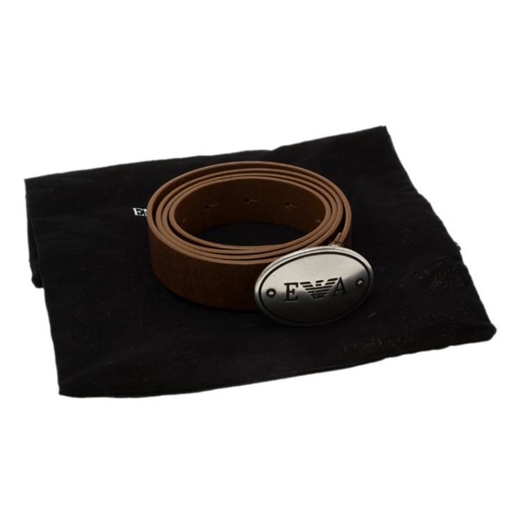 Pre Owned Emporio Armani Brown Leather Logo Plaque Belt 105CM