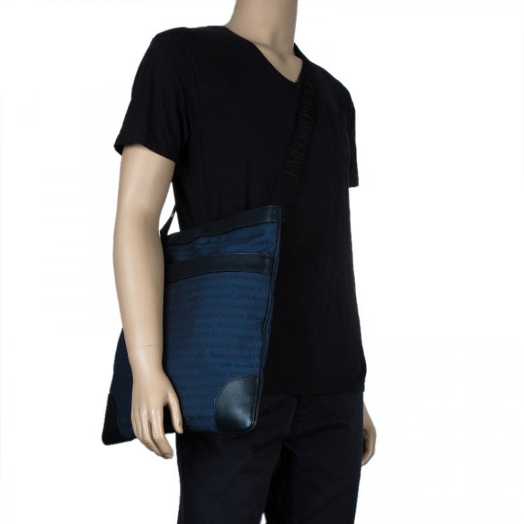 Pre Owned Emporio Armani Blue/Black Fabric and Leather Logoed Messenger Bag