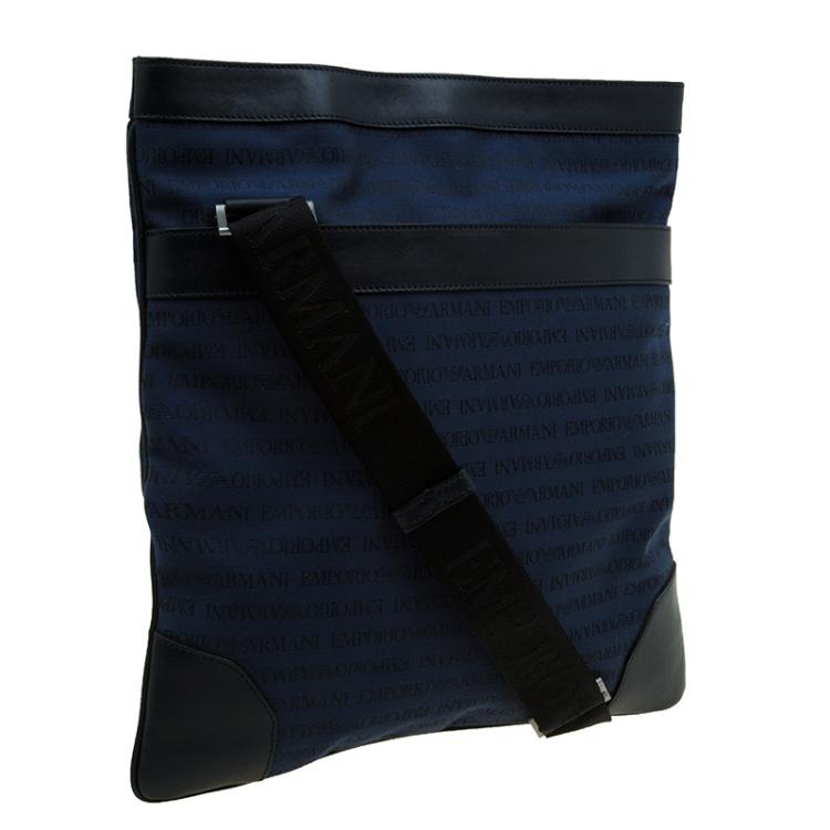 Pre Owned Emporio Armani Blue/Black Fabric and Leather Logoed Messenger Bag