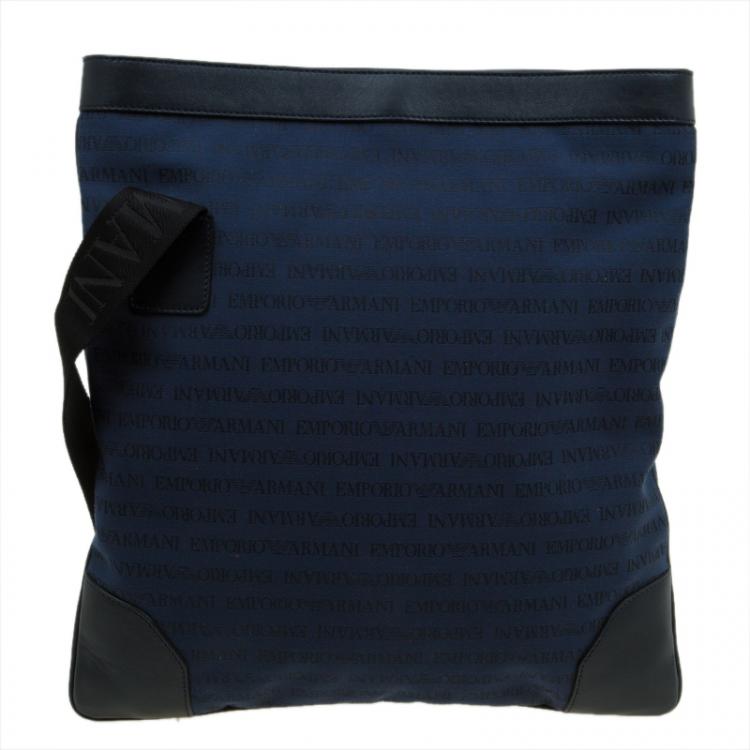 Pre Owned Emporio Armani Blue/Black Fabric and Leather Logoed Messenger Bag