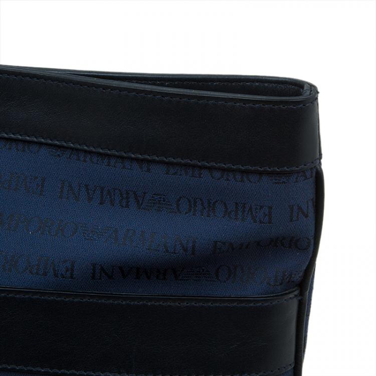 Pre Owned Emporio Armani Blue/Black Fabric and Leather Logoed Messenger Bag
