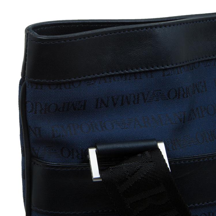 Pre Owned Emporio Armani Blue/Black Fabric and Leather Logoed Messenger Bag
