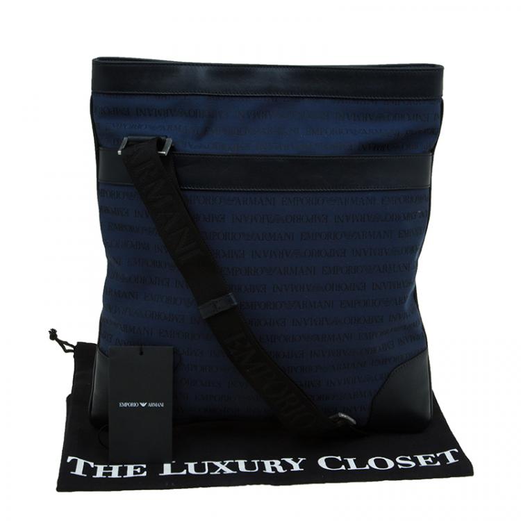 Pre Owned Emporio Armani Blue/Black Fabric and Leather Logoed Messenger Bag