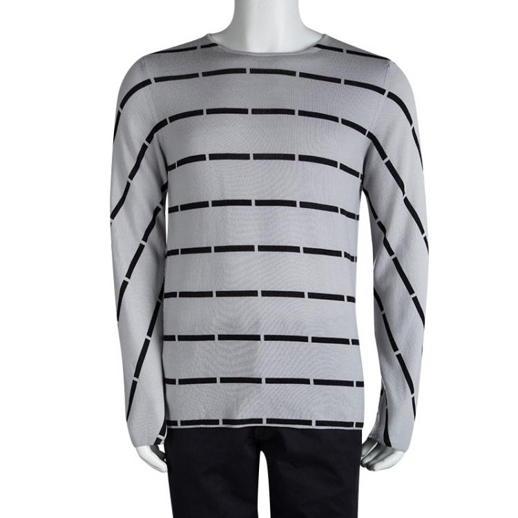 Pre Owned Emporio Armani Grey Wool Striped Sweater XL