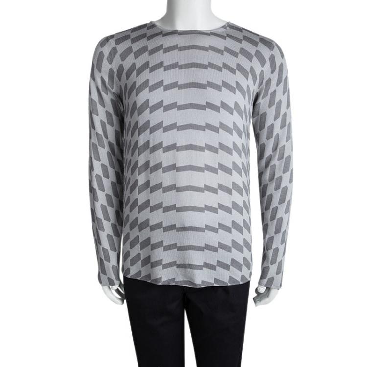 Pre Owned Emporio Armani Grey Wool Geometric Pattern Sweater XL