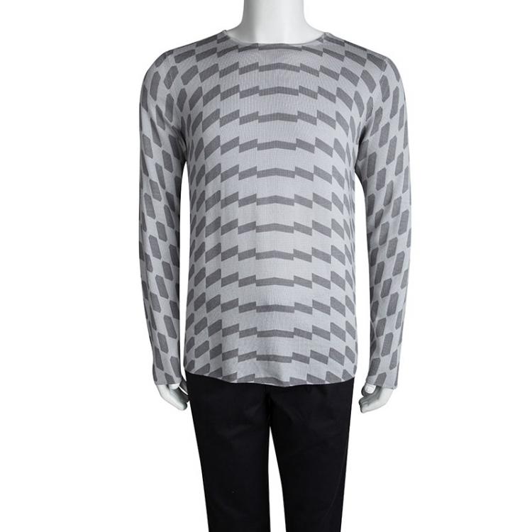 Pre Owned Emporio Armani Grey Wool Geometric Pattern Sweater XL