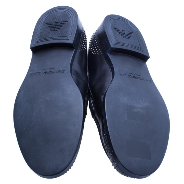 Pre Owned Emporio Armani Black Studded Leather Penny Loafers Size 43
