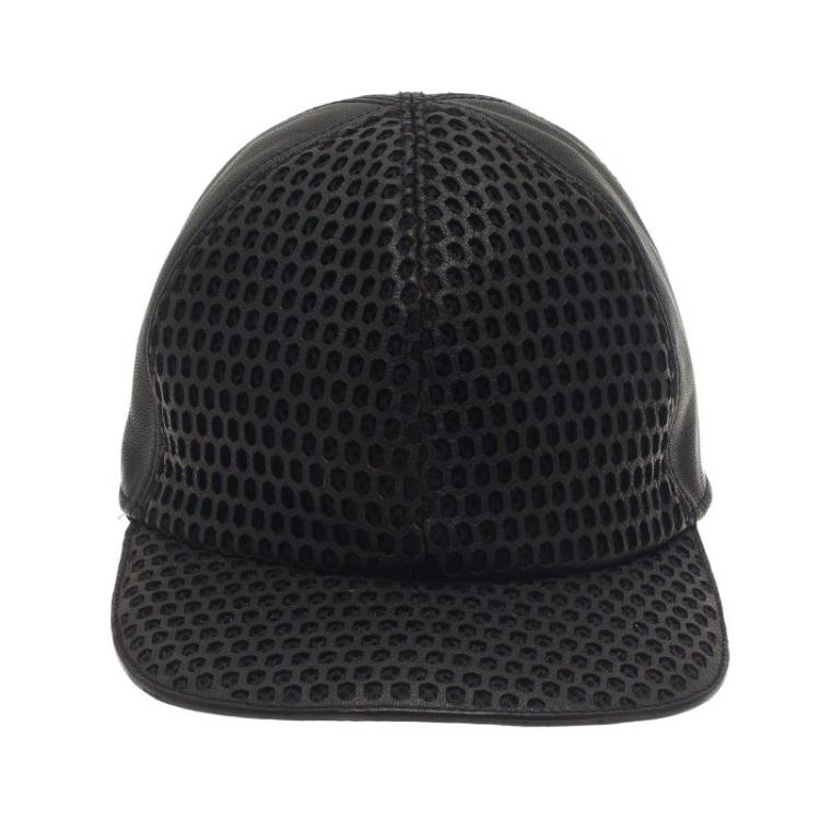 Pre Owned Emporio Armani Black Leather Cutout Baseball Cap Size M