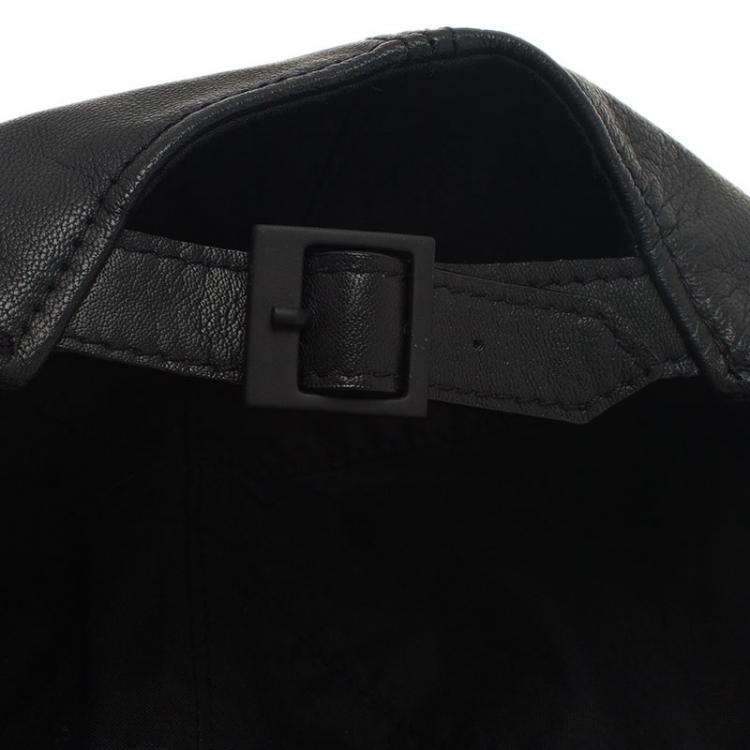 Pre Owned Emporio Armani Black Leather Cutout Baseball Cap Size L 