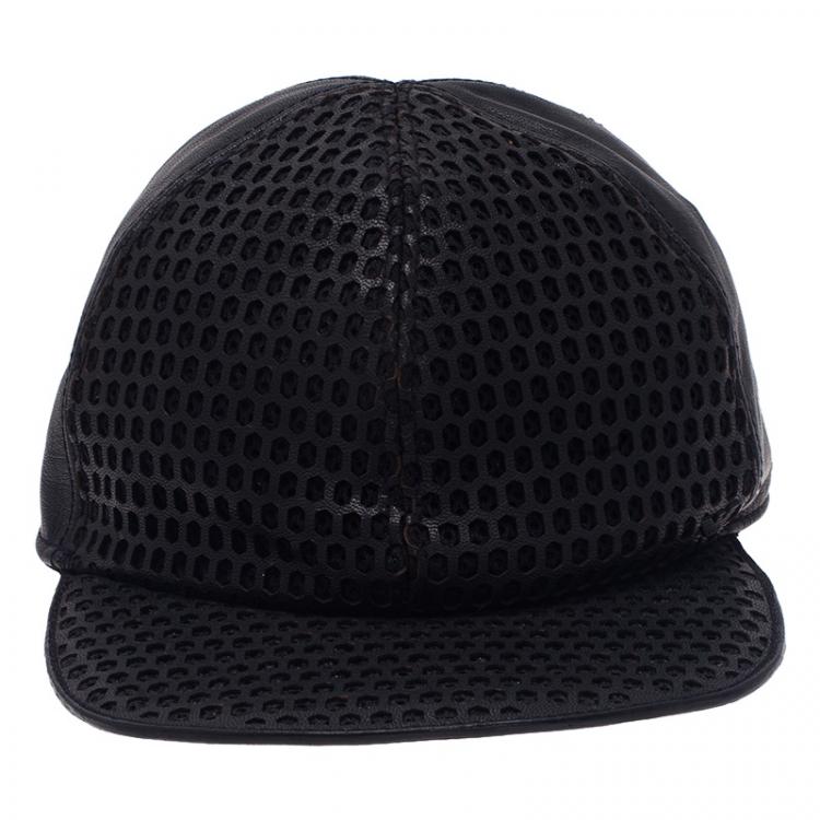 Pre Owned Emporio Armani Black Leather Cutout Baseball Cap Size M