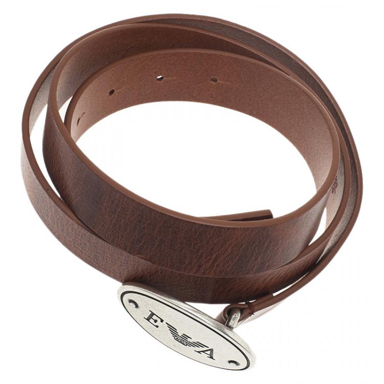 Pre Owned Emporio Armani Brown Leather Logo Belt 100CM