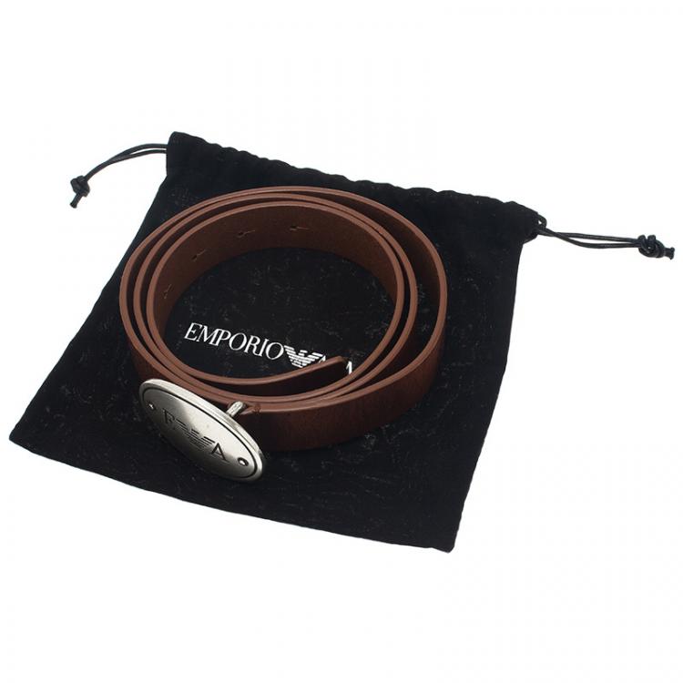 Pre Owned Emporio Armani Brown Leather Logo Belt 100CM