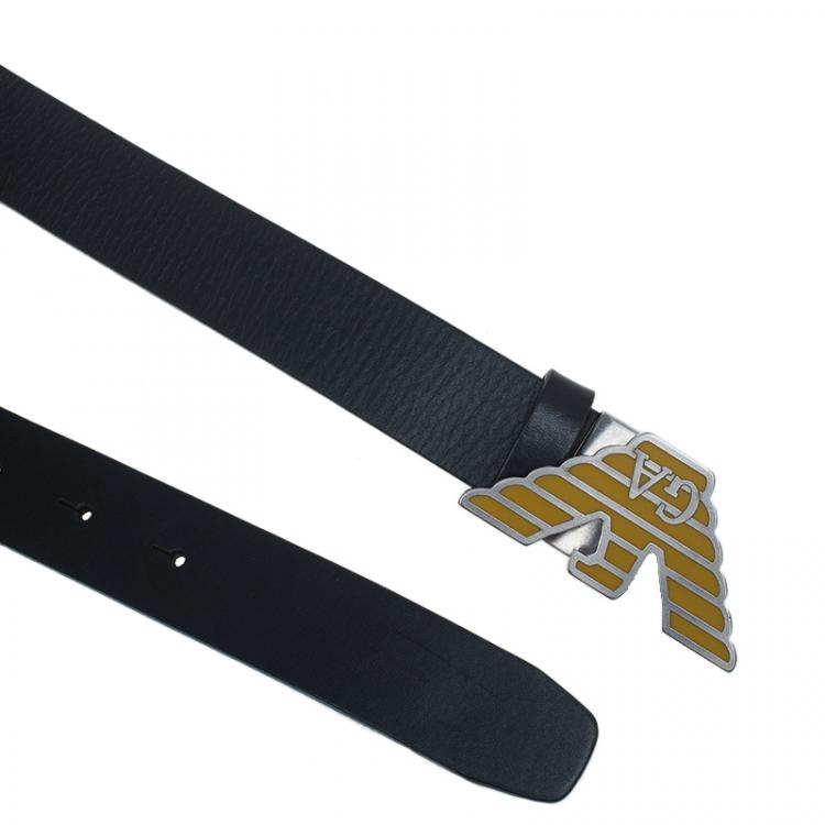Pre Owned Emporio Armani Black Leather Eagle Buckle One Size Belt 