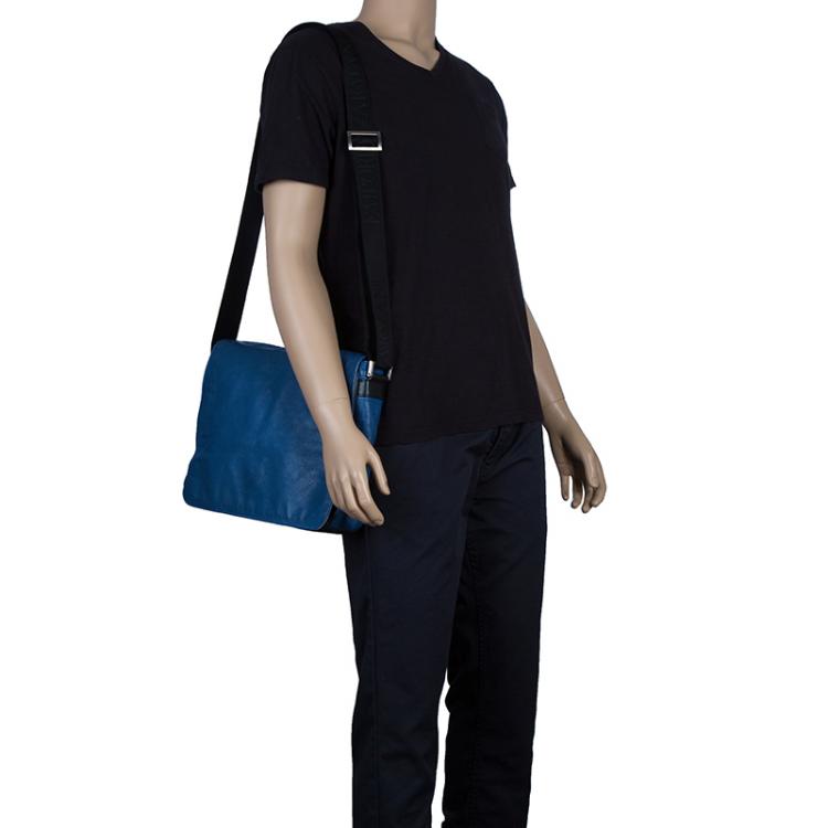 Pre Owned Emporio Armani Blue Leather Logo Print Messenger Bag