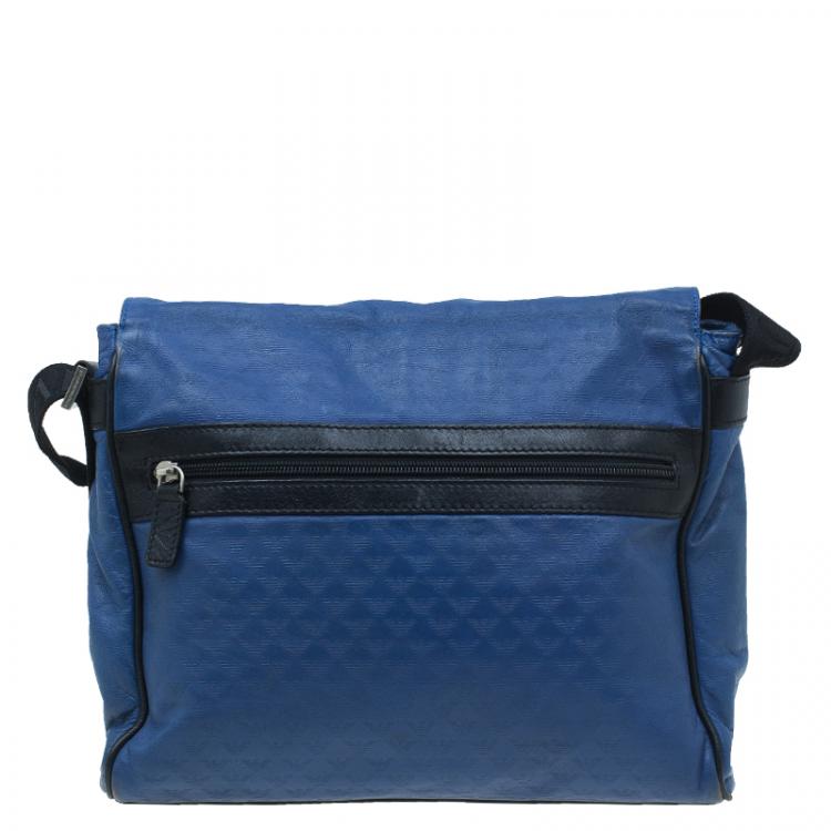 Pre Owned Emporio Armani Blue Leather Logo Print Messenger Bag