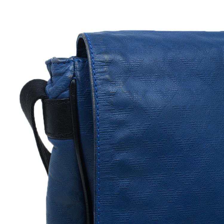 Pre Owned Emporio Armani Blue Leather Logo Print Messenger Bag