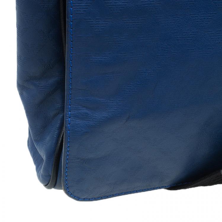 Pre Owned Emporio Armani Blue Leather Logo Print Messenger Bag