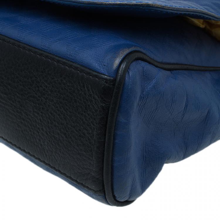 Pre Owned Emporio Armani Blue Leather Logo Print Messenger Bag
