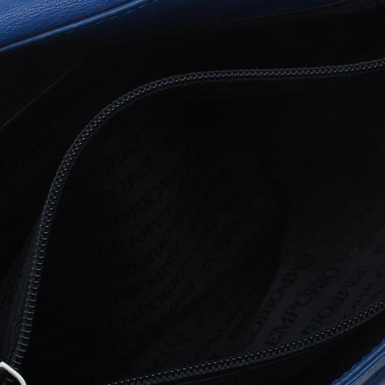 Pre Owned Emporio Armani Blue Leather Logo Print Messenger Bag