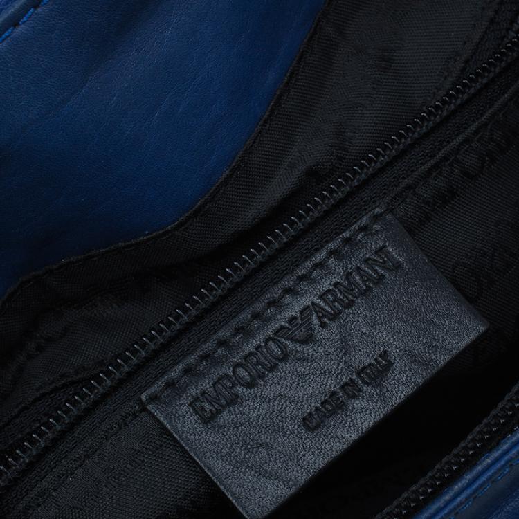Pre Owned Emporio Armani Blue Leather Logo Print Messenger Bag