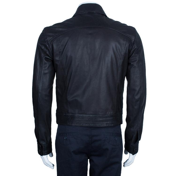 Pre Owned Emporio Armani Men's Black Leather Bomber Jacket M