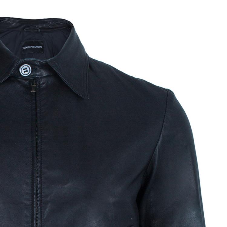 Pre Owned Emporio Armani Men's Black Leather Bomber Jacket M