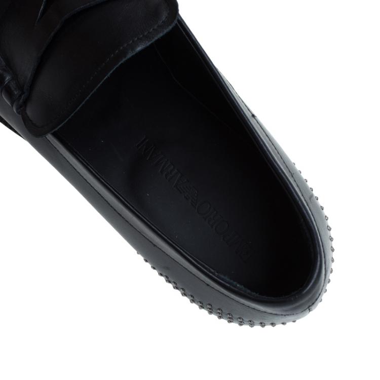 Pre Owned Emporio Armani Black Studded Leather Penny Loafers Size 44