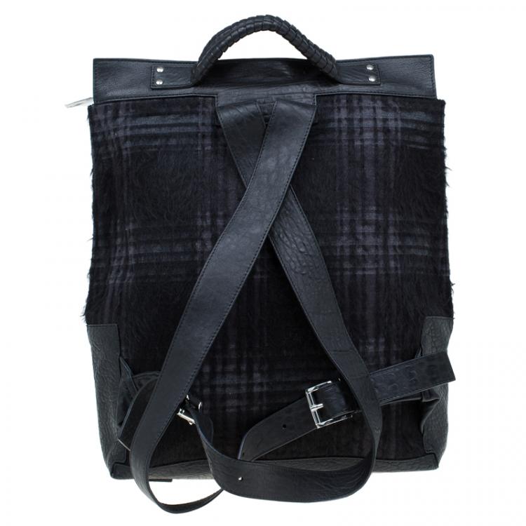 Pre Owned Emporio Armani Black Leather and Calf Hair Check Fash Backpack