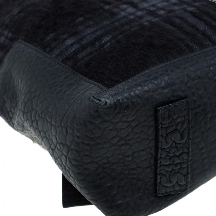 Pre Owned Emporio Armani Black Leather and Calf Hair Check Fash Backpack