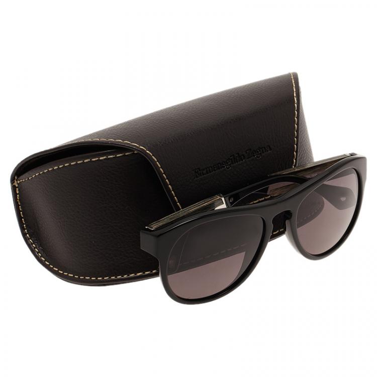Pre Owned Ermenegildo Zegna Black SZ3653 Wood Panel Round Sunglasses