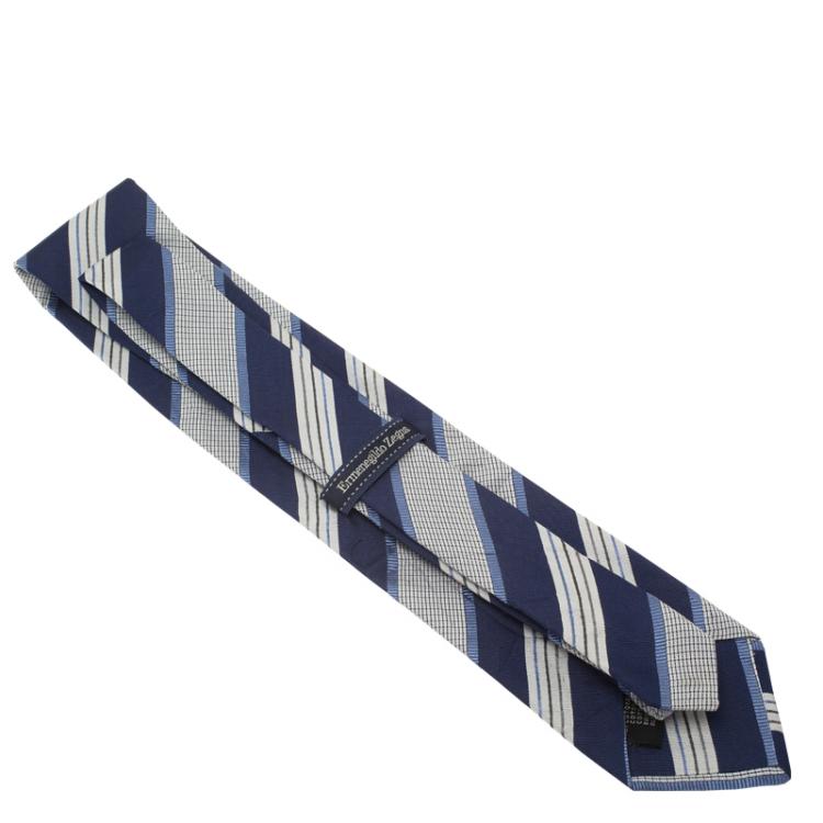 Pre Owned Ermenegildo Zegna Blue and Grey Striped Tie