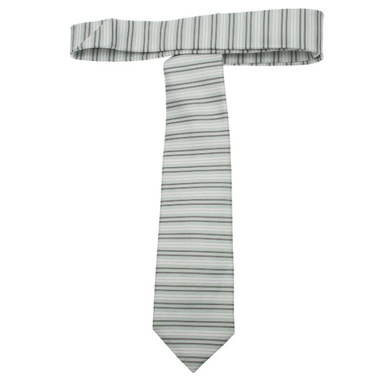 Pre Owned Ermenegildo Zegna Sea Green White and Brown Textured Striped Silk Tie