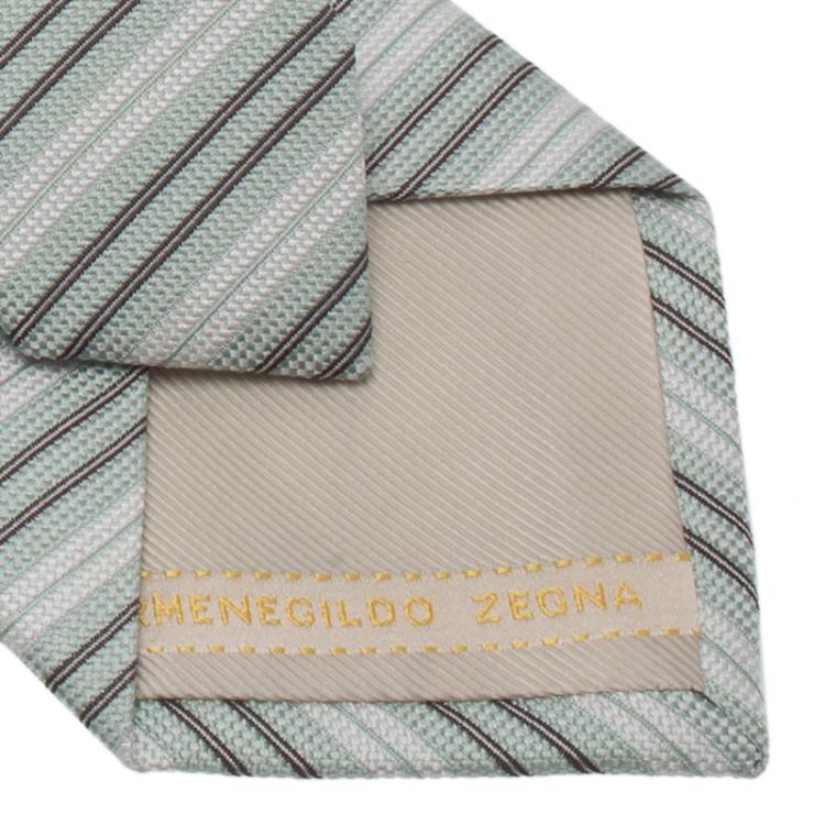 Pre Owned Ermenegildo Zegna Sea Green White and Brown Textured Striped Silk Tie