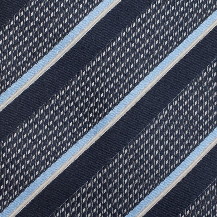 Pre Owned Ermenegildo Zegna Blue and Cream Textured Striped Silk Tie