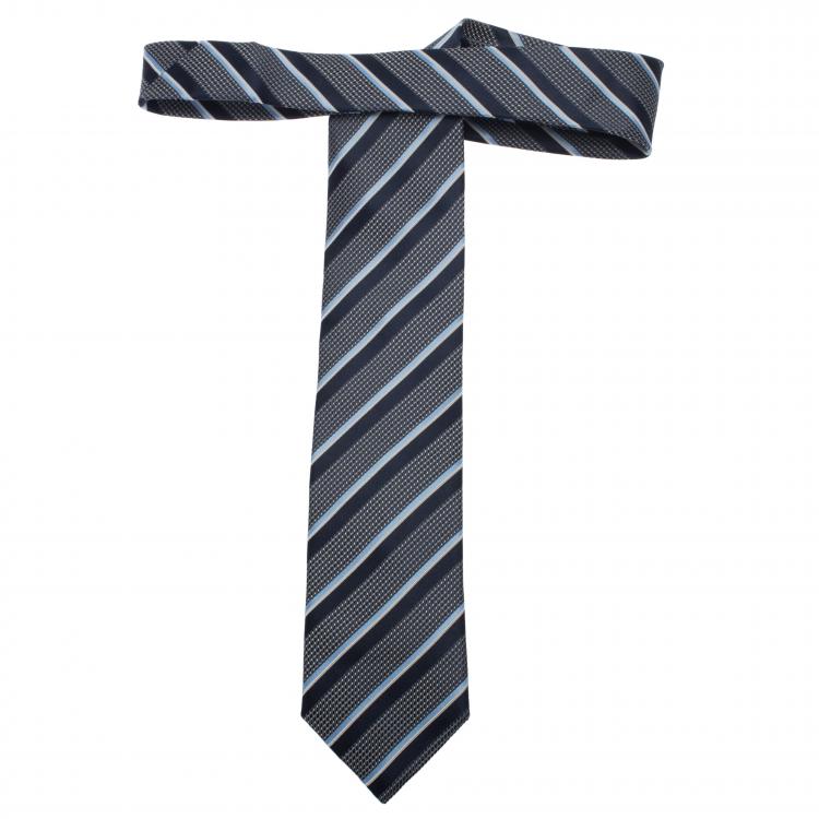 Pre Owned Ermenegildo Zegna Blue and Cream Textured Striped Silk Tie
